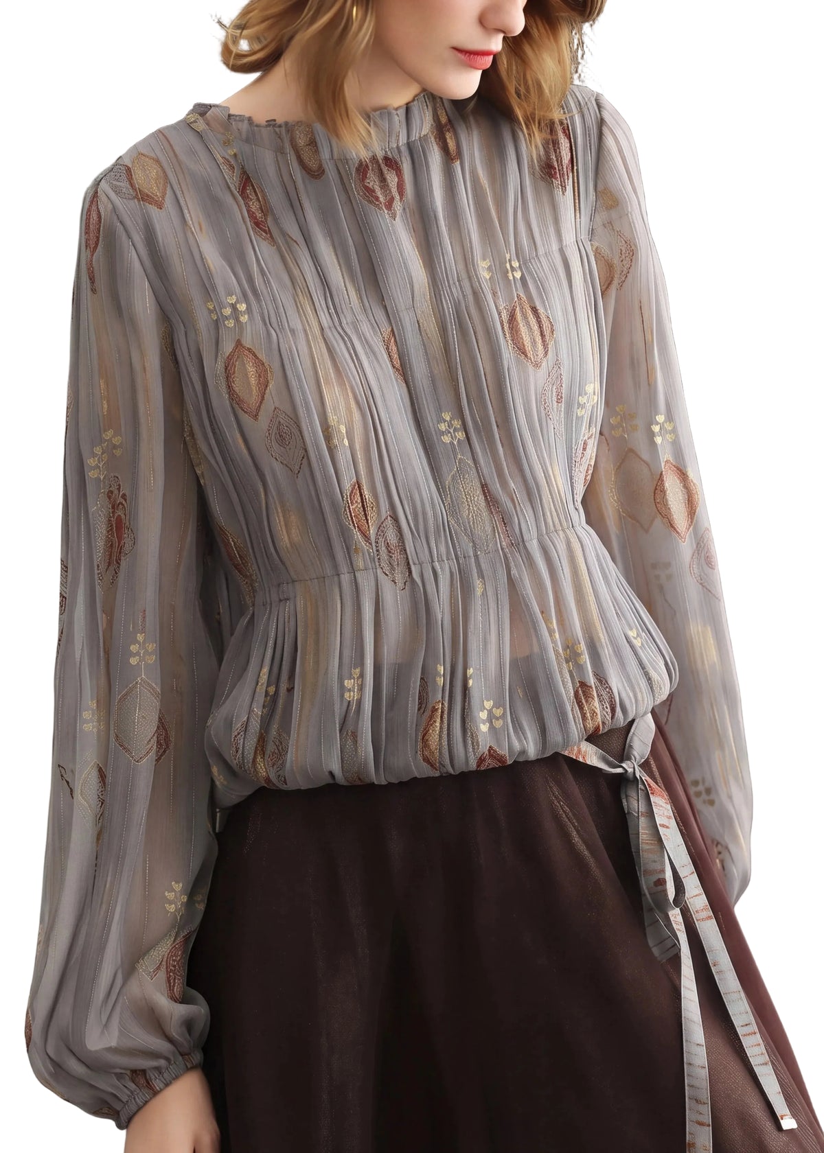 Kvinders Plisserede Chiffonbluse med O-hals 0