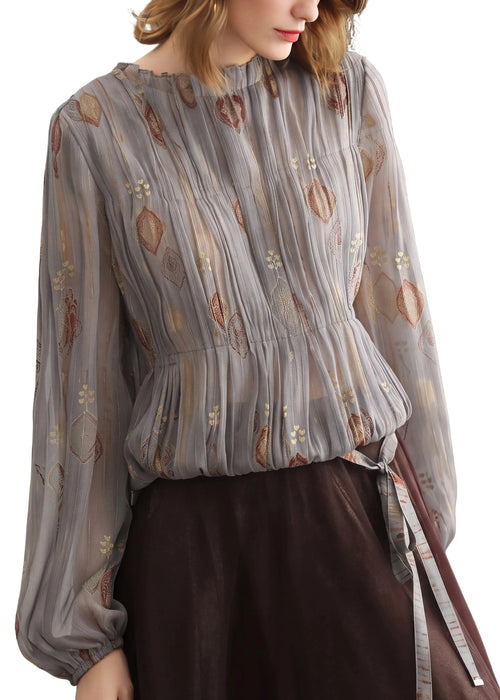 Kvinders Plisserede Chiffonbluse med O-hals 0