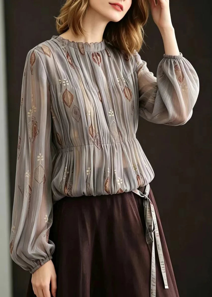 Kvinders Plisserede Chiffonbluse med O-hals 1
