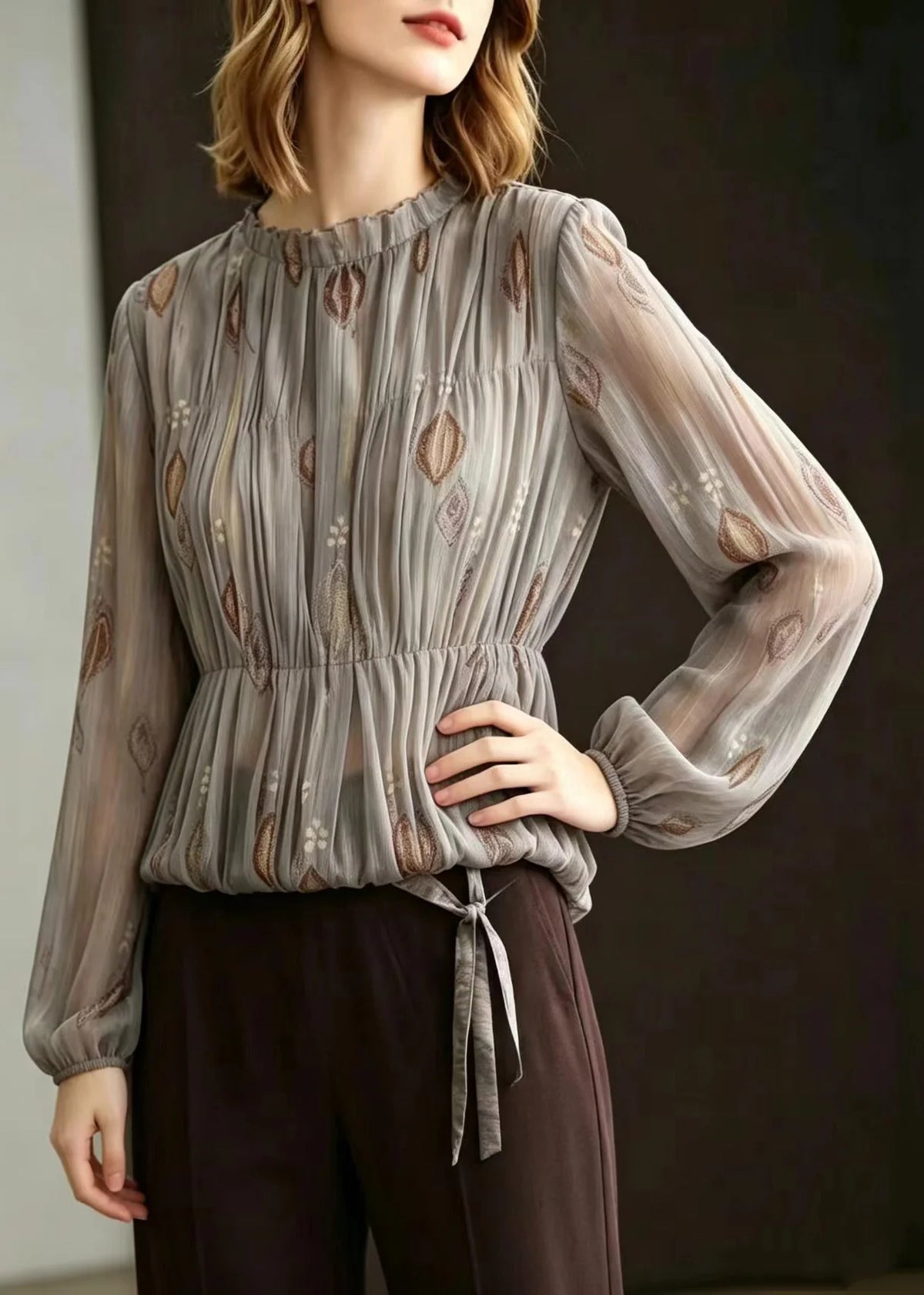 Kvinders Plisserede Chiffonbluse med O-hals 2