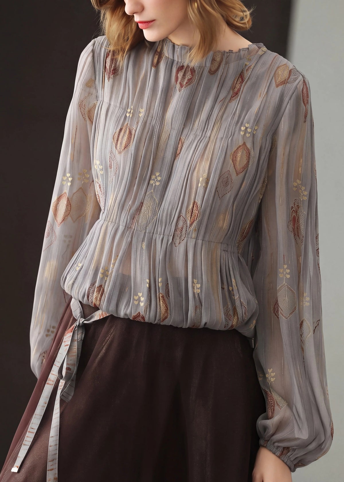 Kvinders Plisserede Chiffonbluse med O-hals 4