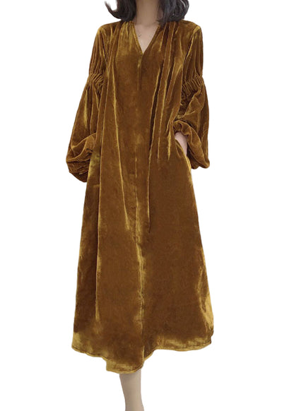 Kvinders Puff Sleeve Velour Kjole med Lommer 0