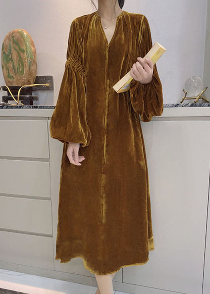 Kvinders Puff Sleeve Velour Kjole med Lommer 3