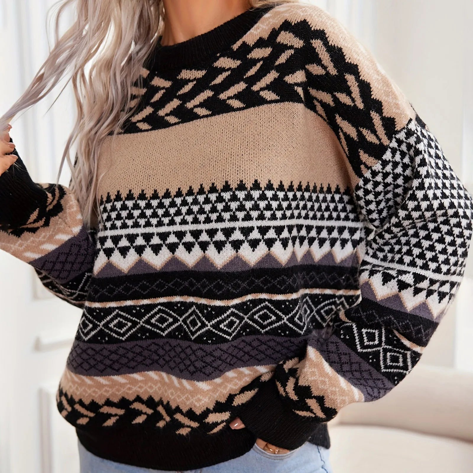 Kvinders Retro Strik Contrast Pullover 0