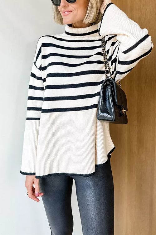 Kvinders Rullekrave Stribet Sweater med Side Split 1
