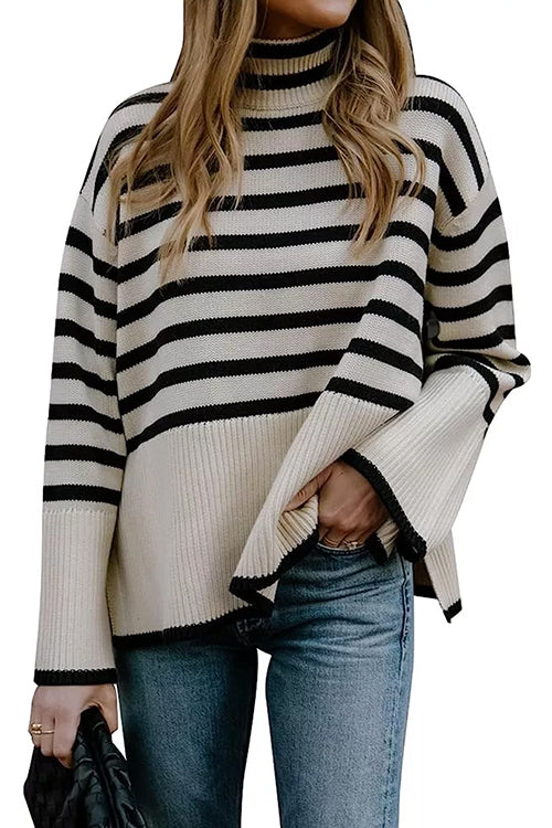 Kvinders Rullekrave Stribet Sweater med Side Split 2
