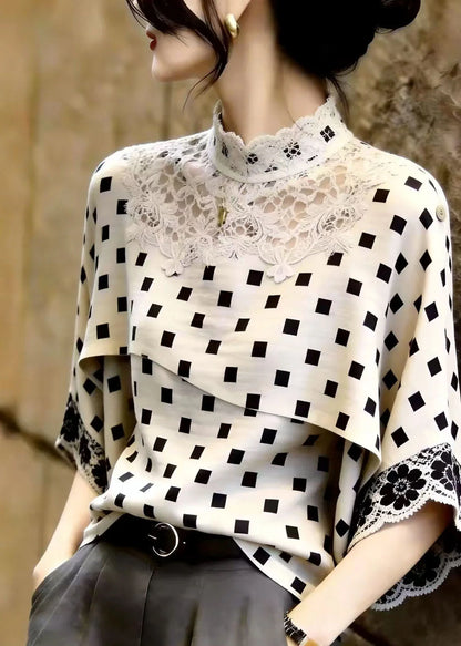 Kvinders Skjortetop med Stående Krave og Patchwork Blonde Detaljer 4