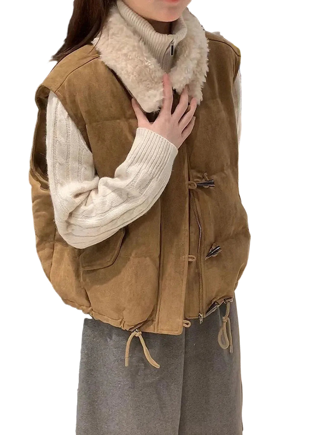Kvinders Snøreveste Boheme Stil med Kaninhårskrave 0