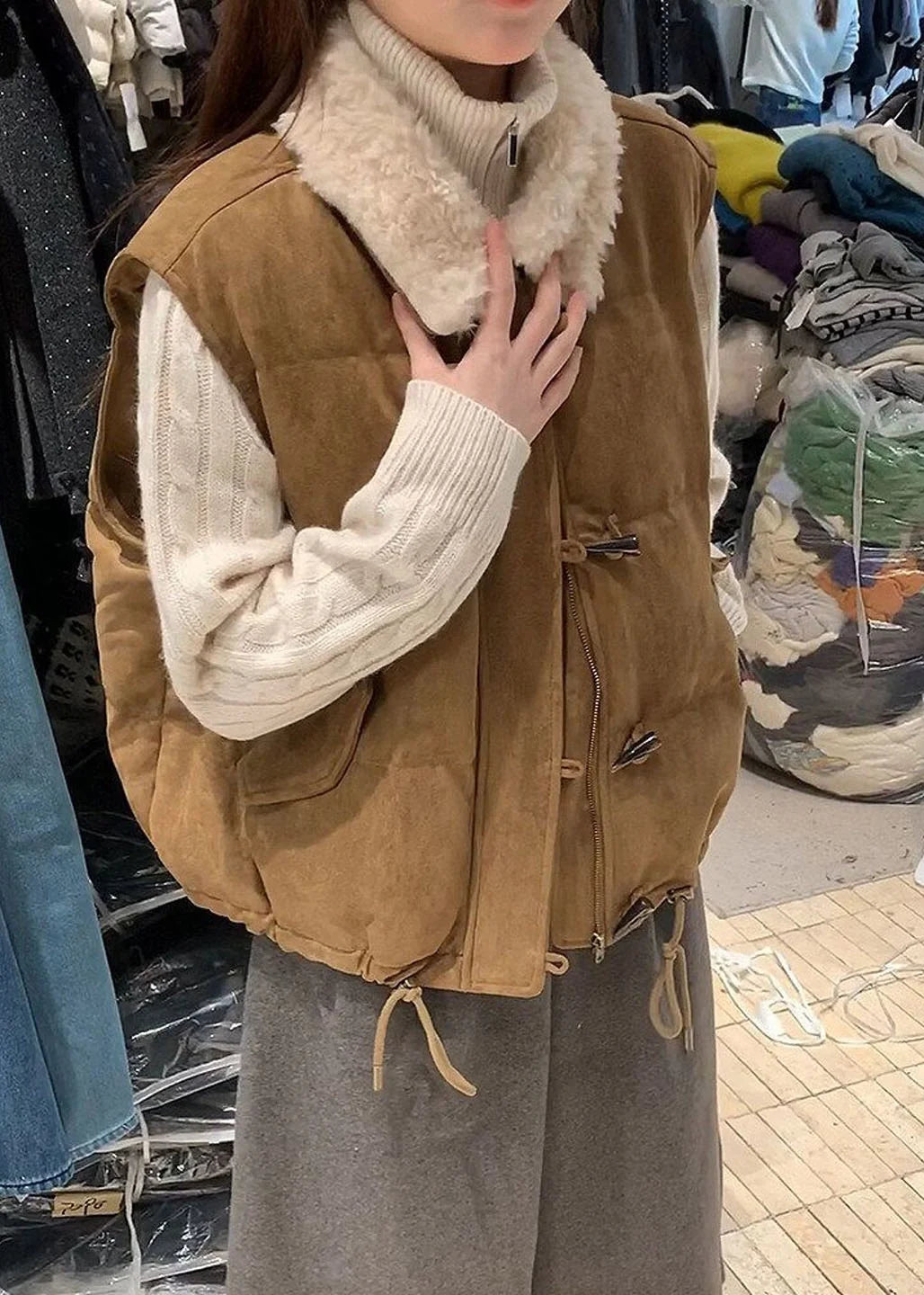 Kvinders Snøreveste Boheme Stil med Kaninhårskrave 4