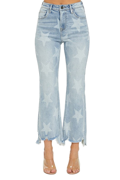 Kvinders Straight Jeans med Høj Talje og Stjerneprint i Lys Denim 0