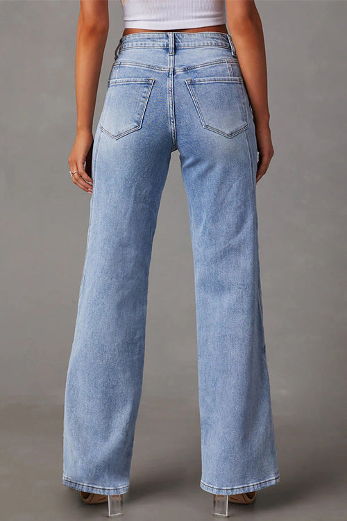 Kvinders Straight Leg Jeans med Slidte Detaljer 2