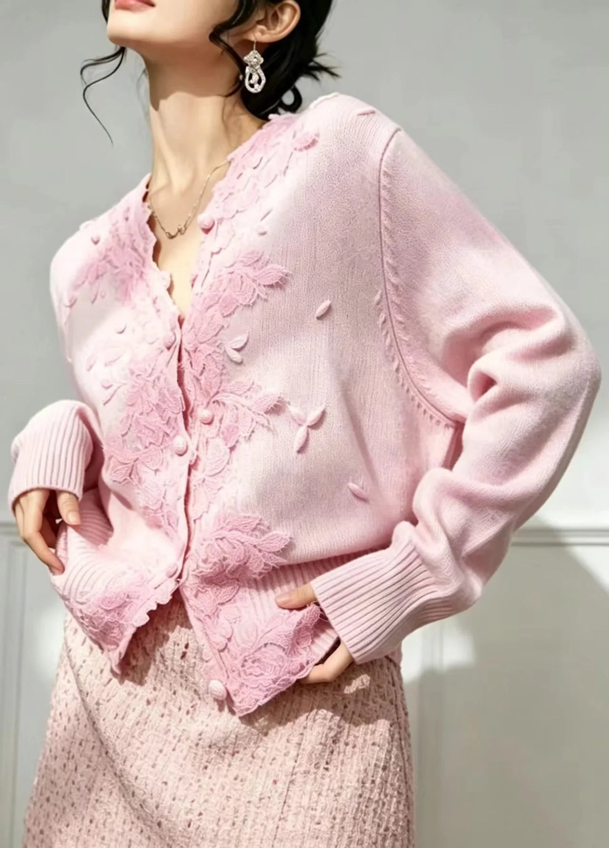 Kvinders Strikcardigan V-hals Broderet Efterårsstil 2