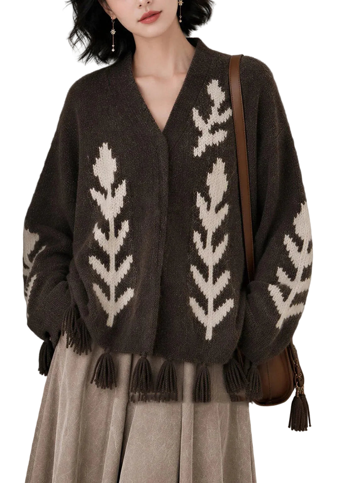 Kvinders Strikcardigan V-hals Casual Print 0