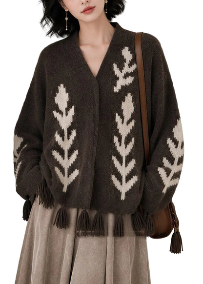 Kvinders Strikcardigan V-hals Casual Print 0