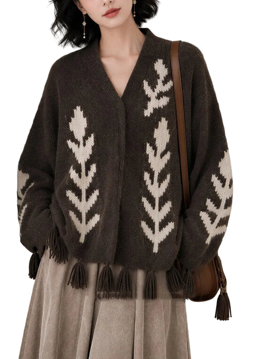 Kvinders Strikcardigan V-hals Casual Print 0