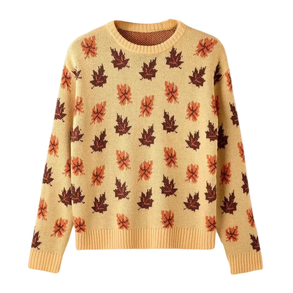 Kvinders Strikket Sweater med Bladmønster Rund Hals Langærmet 0