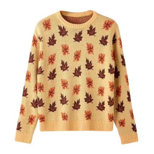 Kvinders Strikket Sweater med Bladmønster Rund Hals Langærmet 0