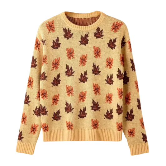 Kvinders Strikket Sweater med Bladmønster Rund Hals Langærmet 0