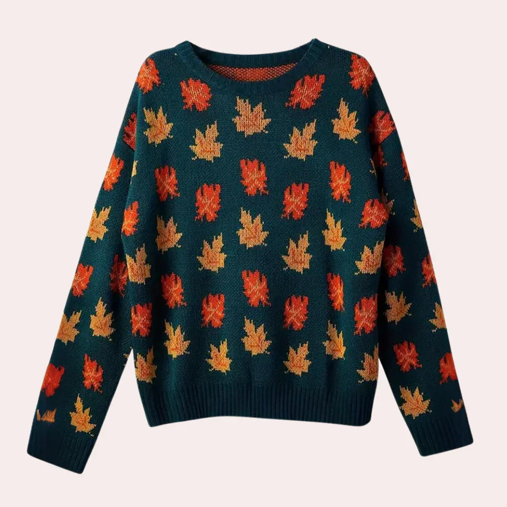 Kvinders Strikket Sweater med Bladmønster Rund Hals Langærmet 1
