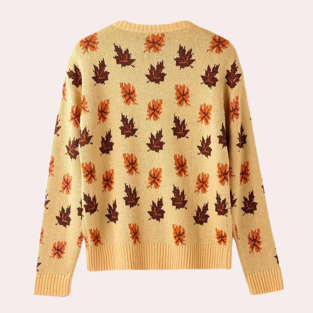 Kvinders Strikket Sweater med Bladmønster Rund Hals Langærmet 2