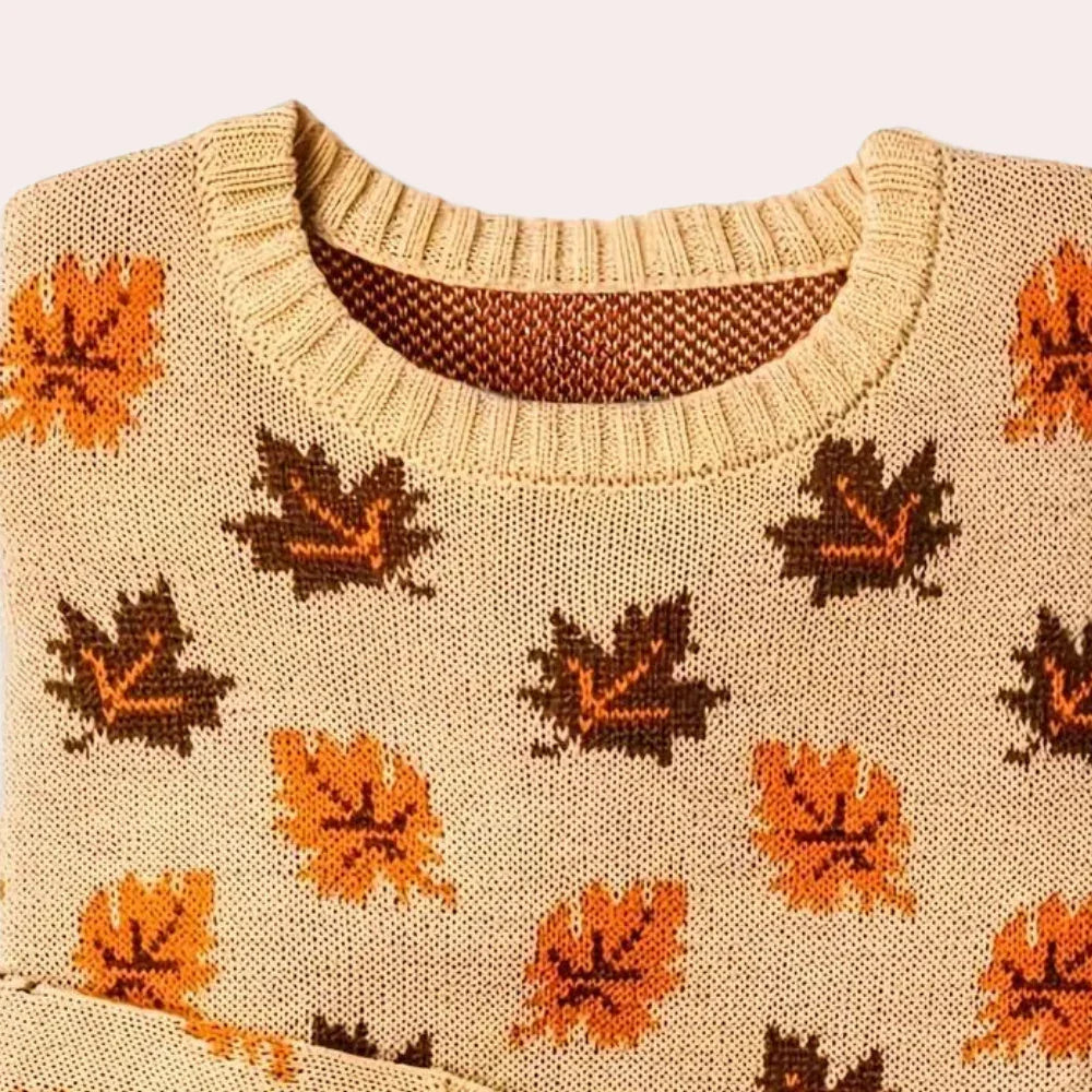 Kvinders Strikket Sweater med Bladmønster Rund Hals Langærmet 3