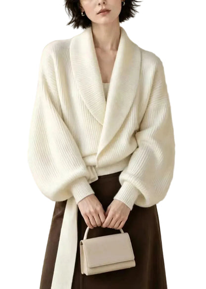 Kvinders Strikket Sweater med Slå-om Design og Lanterneærmer 0