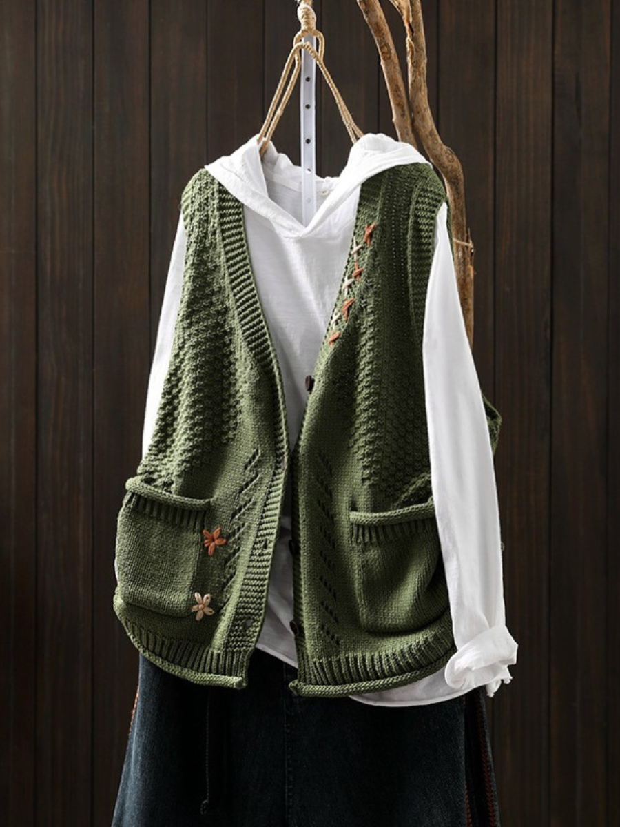 Kvinders Strikket Vest med Blomsterbroderi 4