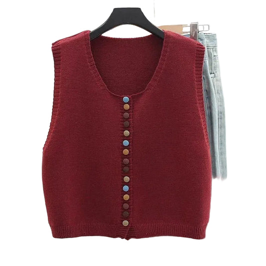Kvinders Strikket Vest med Farverige Knapper Lagdelt Design 0