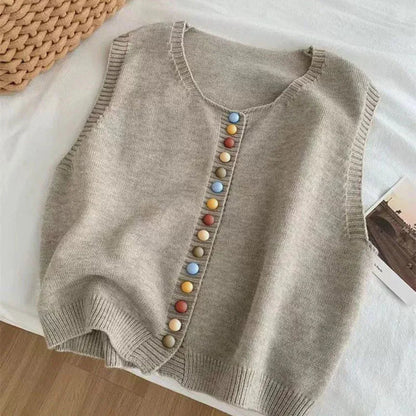 Kvinders Strikket Vest med Farverige Knapper Lagdelt Design 2