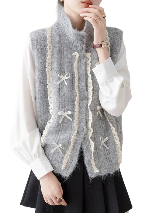 Kvinders Strikvest Ærmeløs med Stående Krave og Blonde Patchwork 0