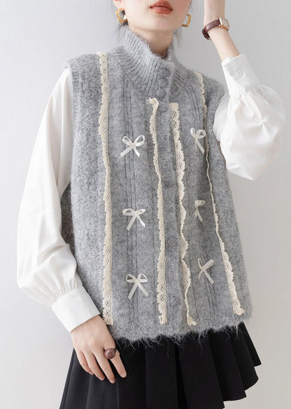 Kvinders Strikvest Ærmeløs med Stående Krave og Blonde Patchwork 1