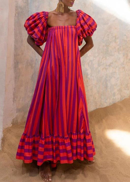 Kvinders Stropløs Kjole med Striber og Pufærmer 4