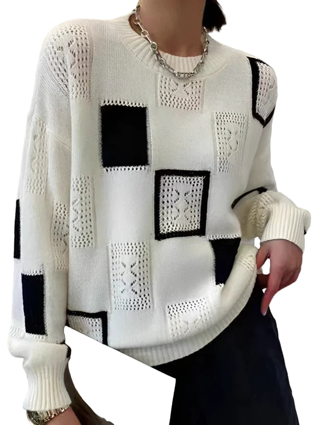 Kvinders Sweater Retro Patchwork Design Rund Hals 0