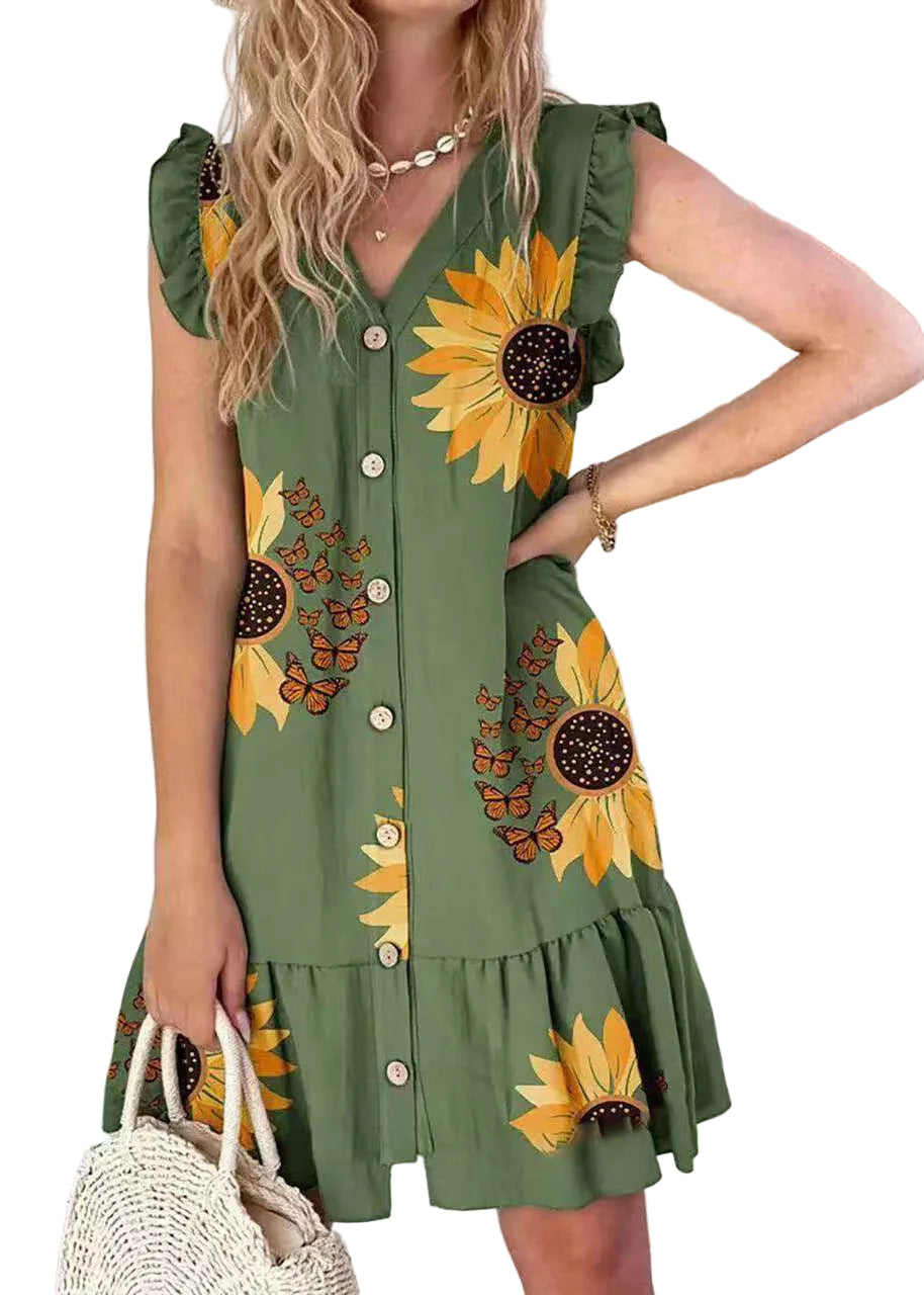 Kvinders Tea Dress med Grønne Print Plus Size 0