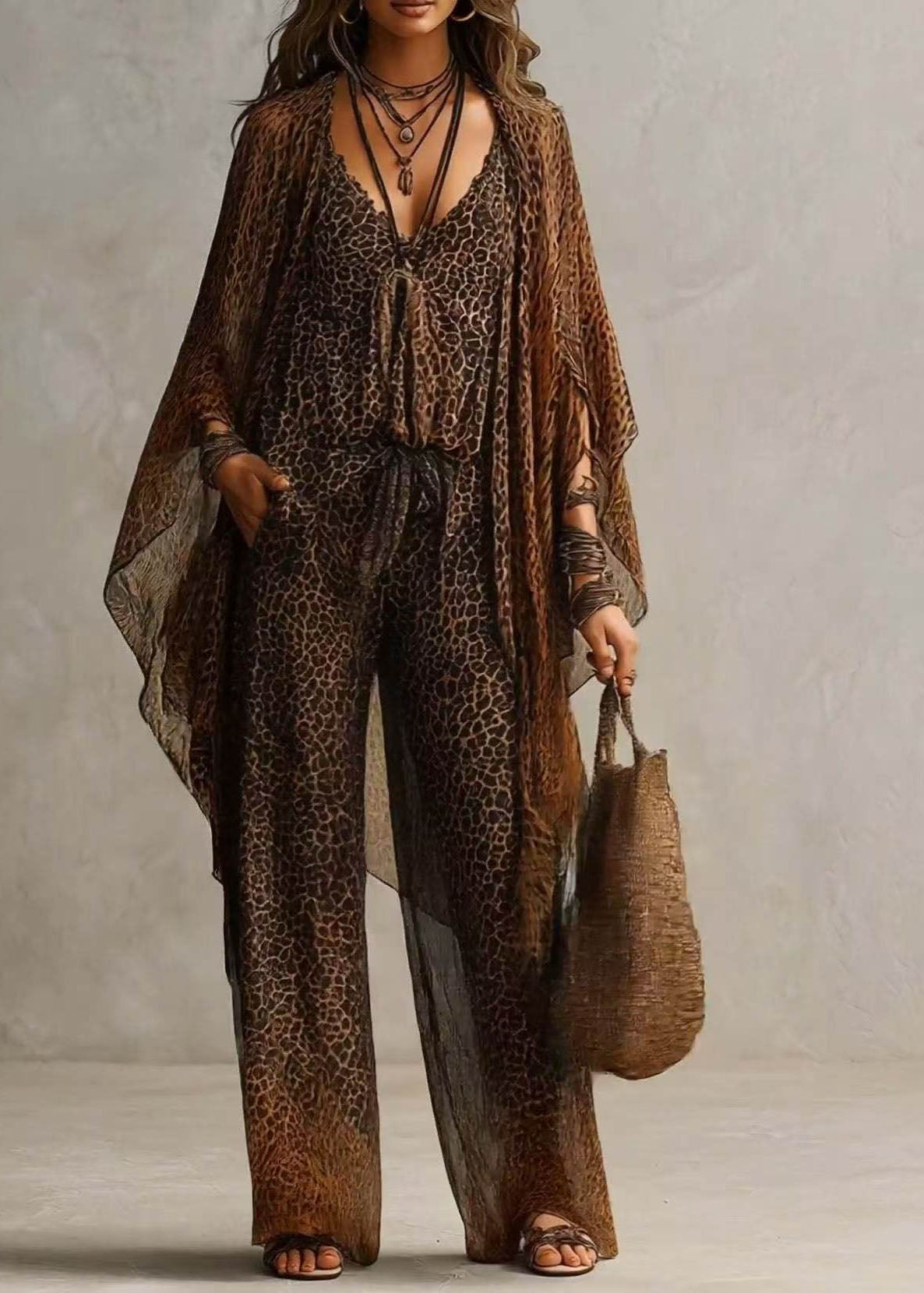 Kvinders To-delt Jumpsuit Langærmet Casual Leopard Mønster 1