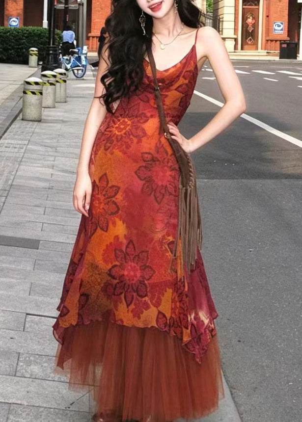 Kvinders To-delt Sæt med Asymmetrisk Print og Chiffon Nederdel 1