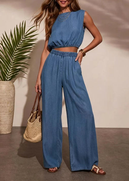Kvinders To Stykker Sæt Ærmeløs O-hals Denim Casual 1