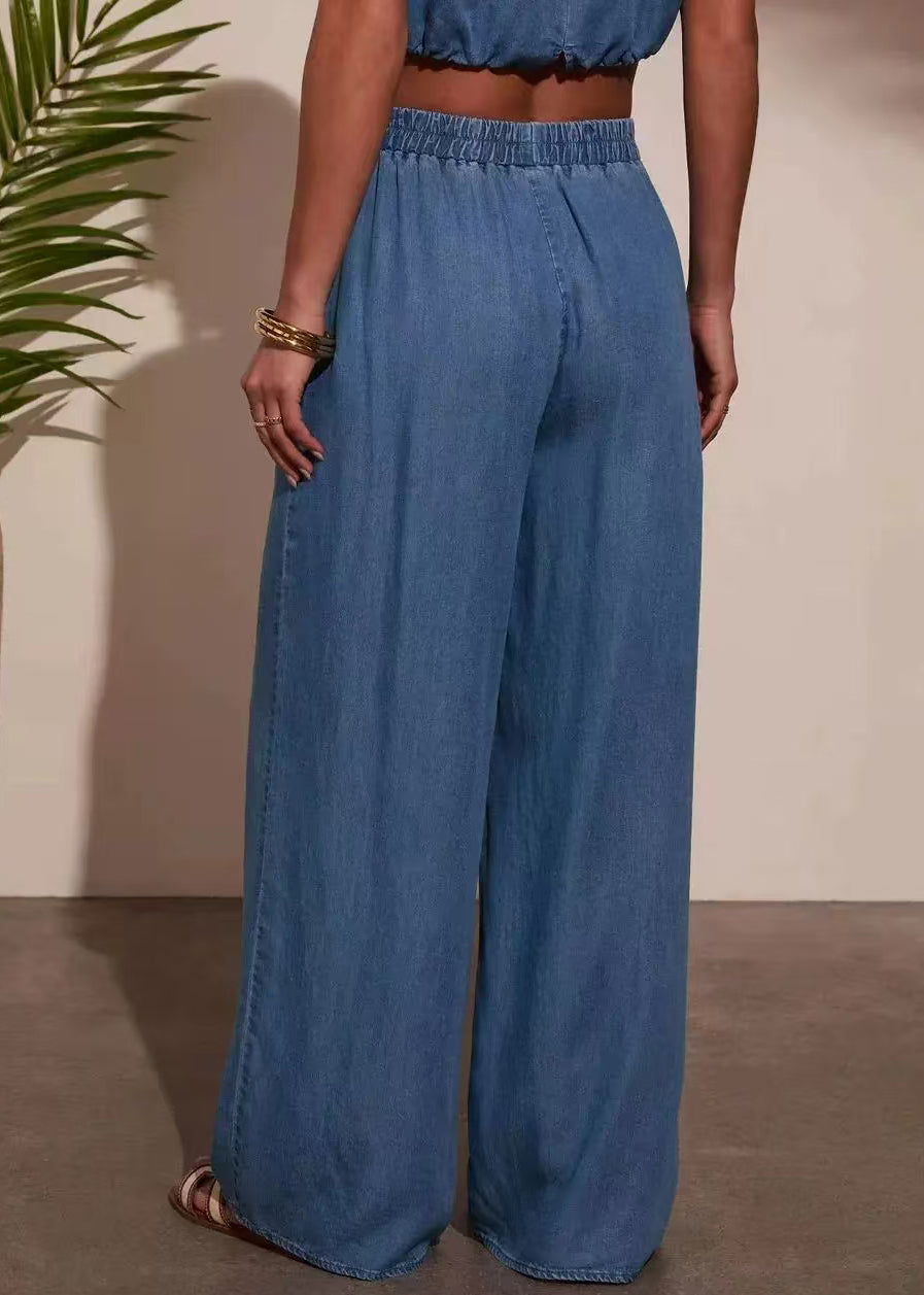 Kvinders To Stykker Sæt Ærmeløs O-hals Denim Casual 4