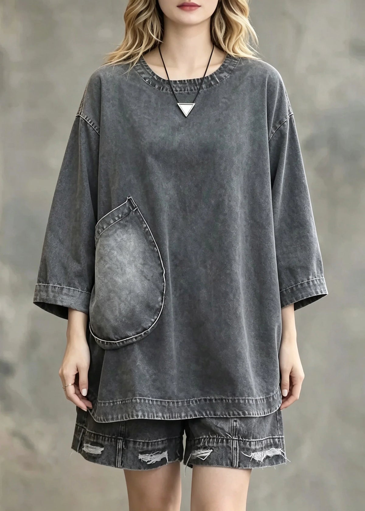 Kvinders Todelt Sæt Med O-Hals Patchwork Denim Top Og Shorts 4