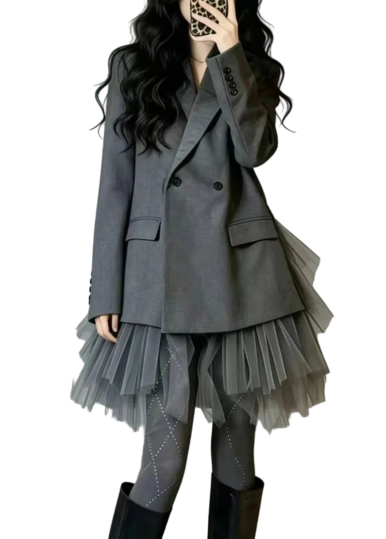 Kvinders Todelte Blazer Jakke Med Lommer Moderne Patchwork Design 0