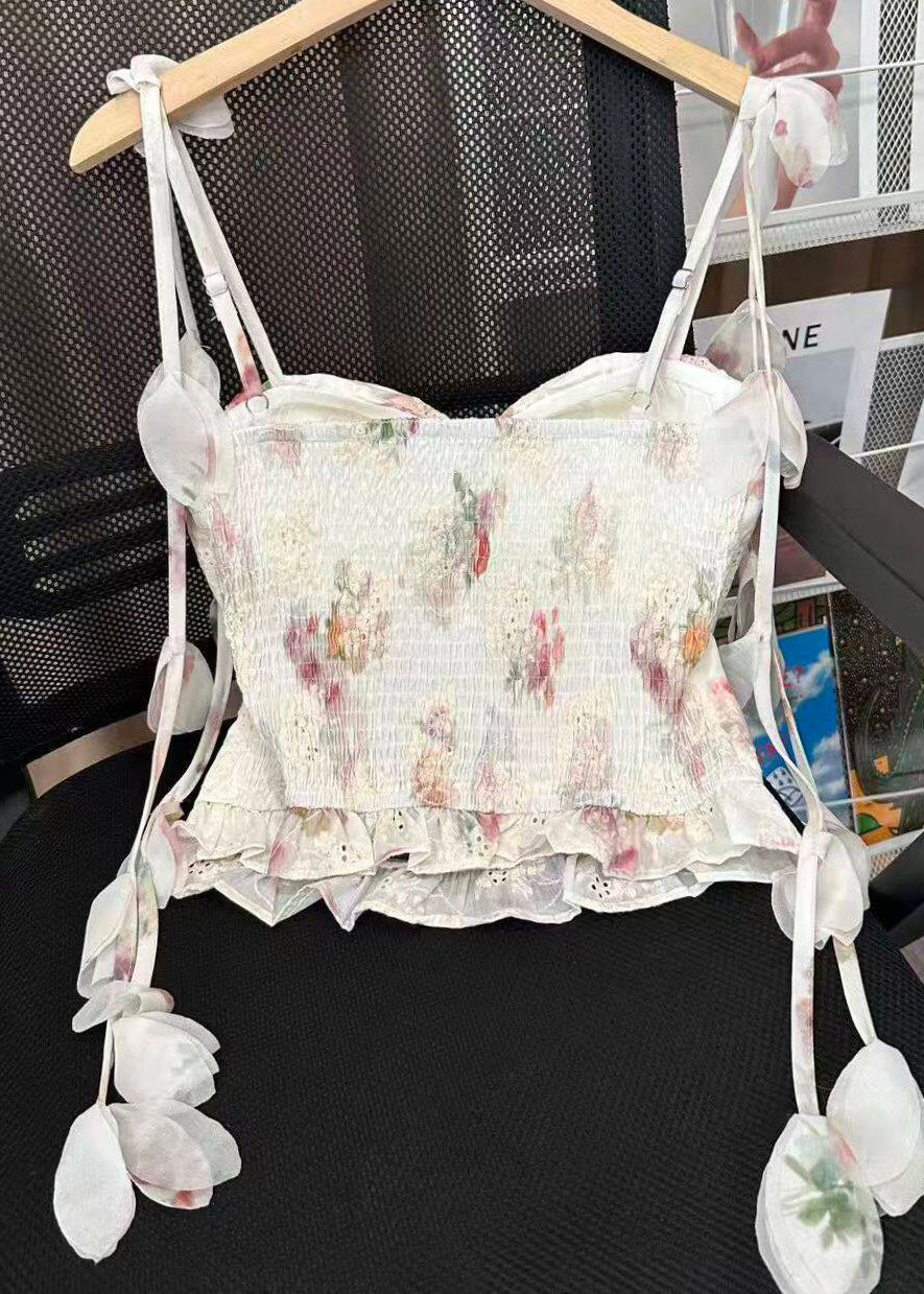 Kvinders Top med Rynket Blomsterprint og Spaghetti Stropper 1