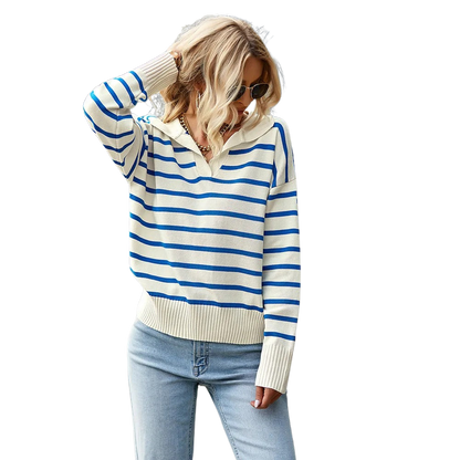 Kvinders V-Hals Sweater Stribet Åndbart Materiale 0