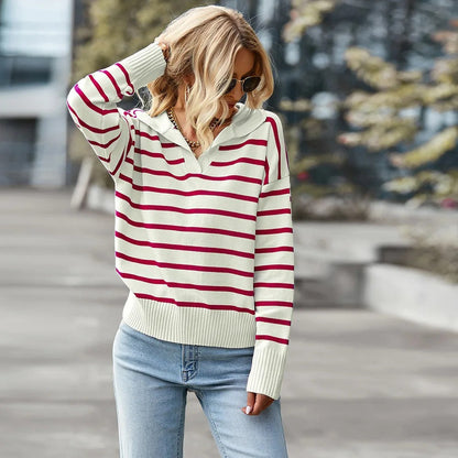 Kvinders V-Hals Sweater Stribet Åndbart Materiale 3