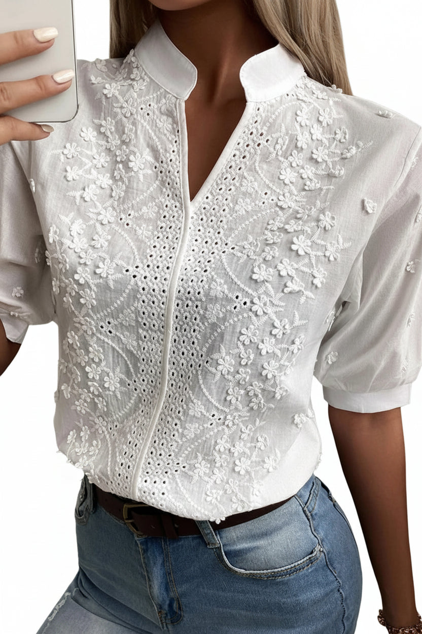 Kvinders V-hals Blomsterbroderi Bluse 0