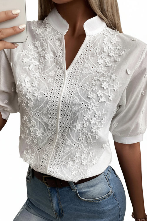Kvinders V-hals Blomsterbroderi Bluse 0