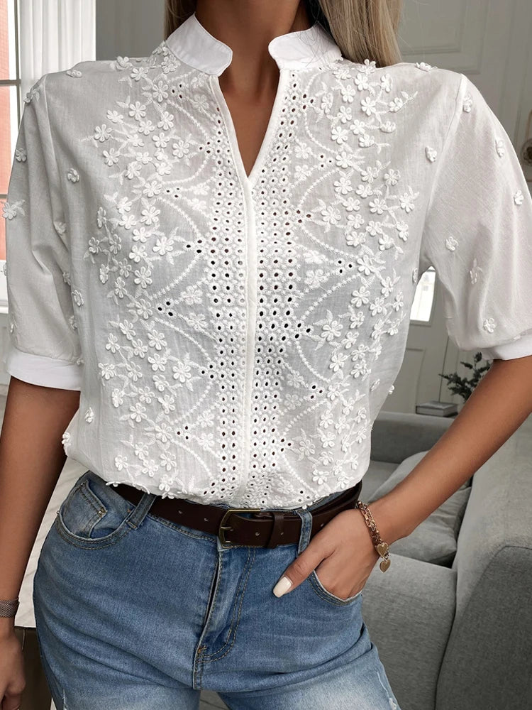 Kvinders V-hals Blomsterbroderi Bluse 1