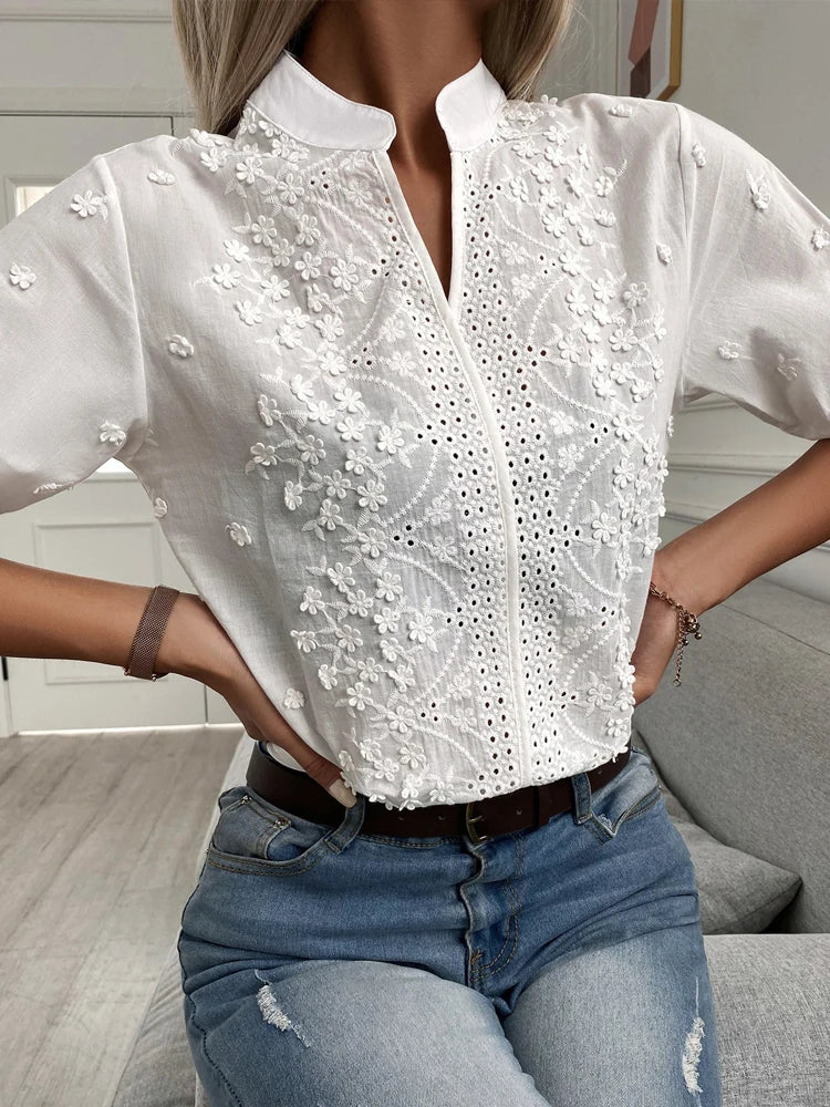 Kvinders V-hals Blomsterbroderi Bluse 2