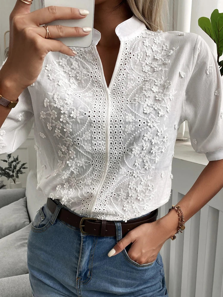 Kvinders V-hals Blomsterbroderi Bluse 3