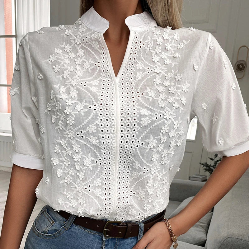 Kvinders V-hals Blomsterbroderi Bluse 5