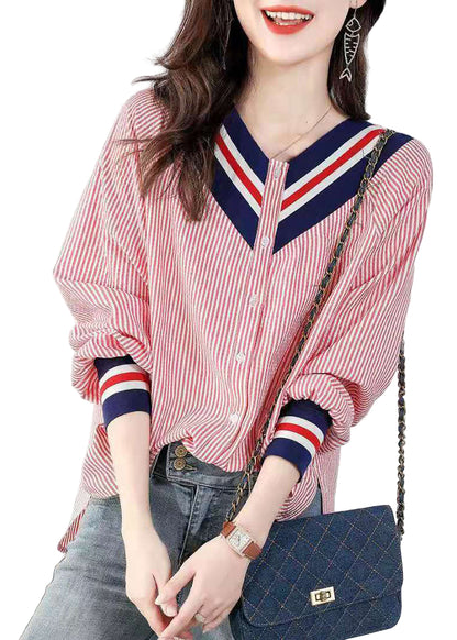 Kvinders V-hals Bluse Stribet Loose Fit 0